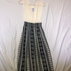 white maxi dress with blue floral bottom